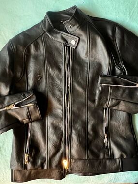 Ferrari Black Leather Bomber Jacket with Gold Zippers